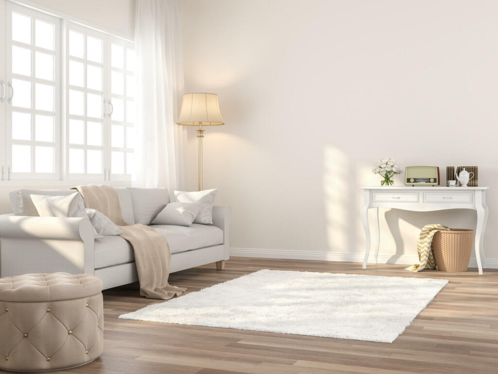 Vintage style living room 3d render,The Rooms have wooden floors and cream color walls ,decorate with white fabric sofa,there white window sunlight shining into the room.