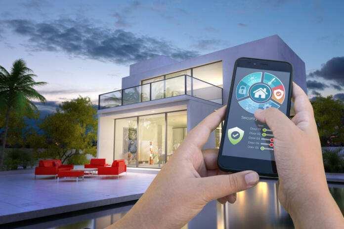 3D rendering of a modern villa with pool controlled by a smartphone from the outside