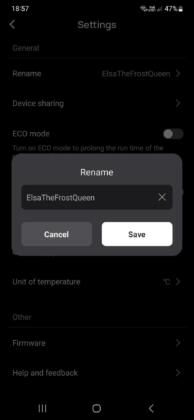 Preimenovanje naprave EcoFlow Glacier v mobilni aplikaciji.