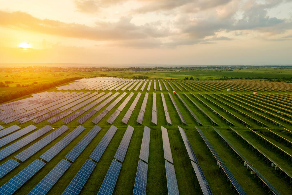 Aerial view of large electrical power plant with many rows of solar photovoltaic panels for producing clean ecological electric energy in morning. Renewable electricity with zero emission concept.