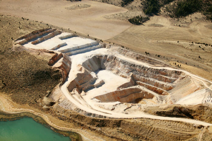 An aerial view of an open pit phosphate mine