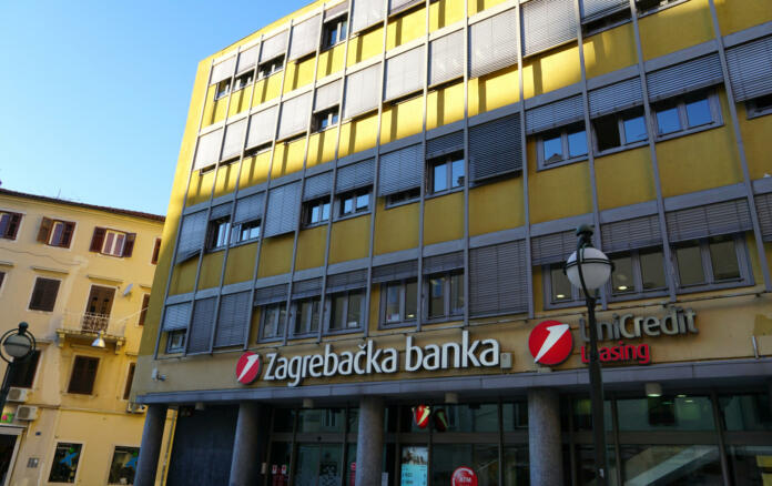 Rijeka, Croatia, 7th February, 2022. Unicredit bank building in the street of Croatian city of Rijeka