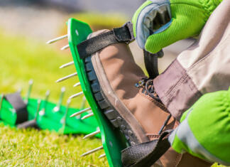 10 razlogov, ki govorijo v prid prezračevanju trave Spiked Aerator Shoes. Men Aerating His Lawn Strapping on These Spiked Shoes and Taking a Stroll Across His Yard. Grass Field Aeration