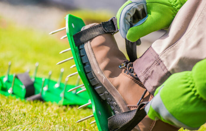 Spiked Aerator Shoes. Men Aerating His Lawn Strapping on These Spiked Shoes and Taking a Stroll Across His Yard. Grass Field Aeration