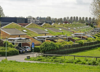 Zelena streha in zakaj bi se morali odločiti zanjo Dordrecht, The Netherlands, April 15, 2022: row of modern patio houses with vegetated roofs and solar panels