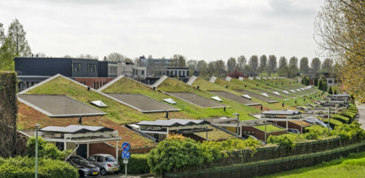 Dordrecht, The Netherlands, April 15, 2022: row of modern patio houses with vegetated roofs and solar panels