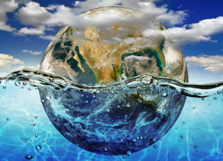 Ekstremne temperature globalnih morij. Na Floridi izmerjena temperatura morja prek 38 stopinj! Earth is immersed in water, among the clouds against the sky.(Some elements in this image is provided by NASA and can be found at http://visibleearth.nasa.gov and http://grin.hq.nasa.gov)