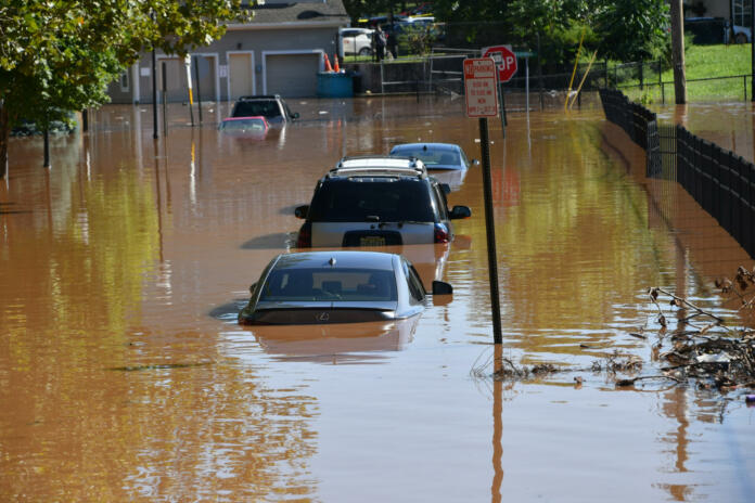 New Brunswick, NJ USA - September 2, 2021: City of New Brunswick flooded after Hurricane Ida. The flooded roadways and highways of the City of New Brunswick, NJ after flooding from hurricane Ida.