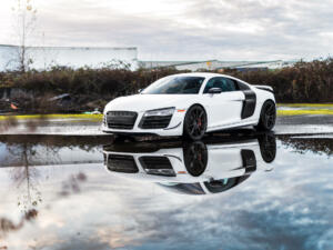 Seattle, WA, USA
January 24, 2023
White Audi R8 parked showing the car parked on a puddle