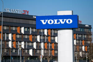 Riga, Latvia, March 18, 2022: Volvo brand logo at the official Volvo Car dealer showroom and service center