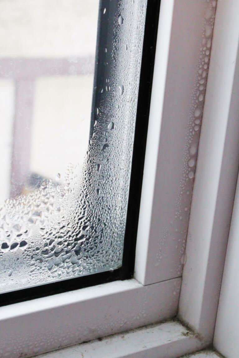 Water beading on window frame.