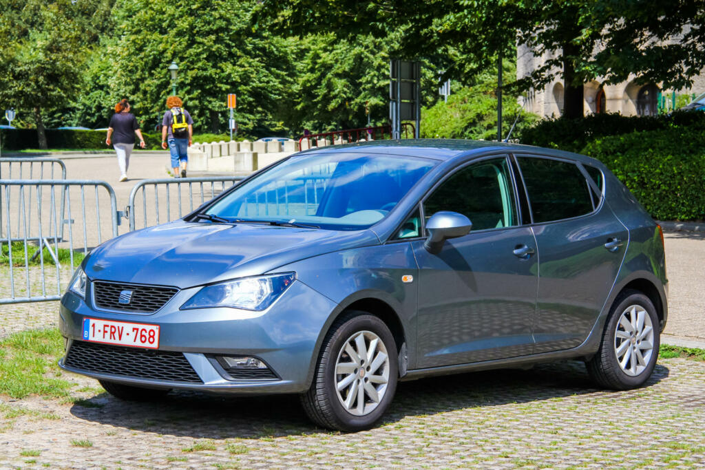 Brussels, Belgium - August 9, 2014: Motor car SEAT Ibiza is parked in the city street.