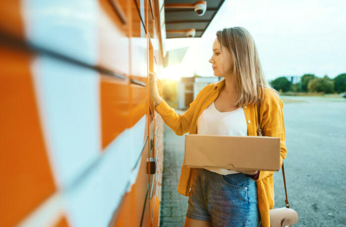 Woman sending mail via automated self-service post terminal machine.