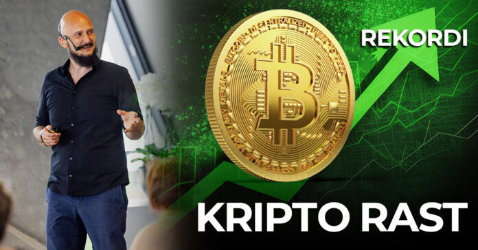 Moški predavatelj in slika bitcoina z napisom Kripto rast
