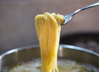 Italijanska strokovnjakinja za testenine: Vsi delajo to ‘katastrofalno’ napako z vodo pri kuhanju testenin! Closeup of spaghetti in pot on stove. Spaghetti in hot boiling water. Take it from the pot with a fork and watch it cook. Spaghetti is ready to cook at home.