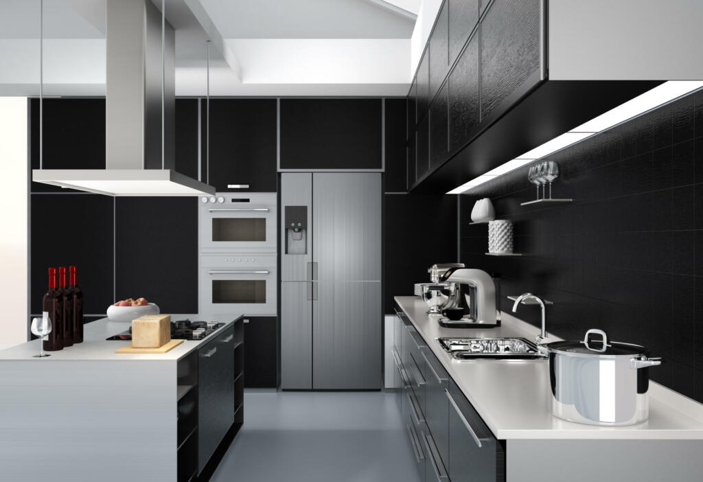 Modern kitchen interior with smart appliances in black color coordination. 3D rendering image.