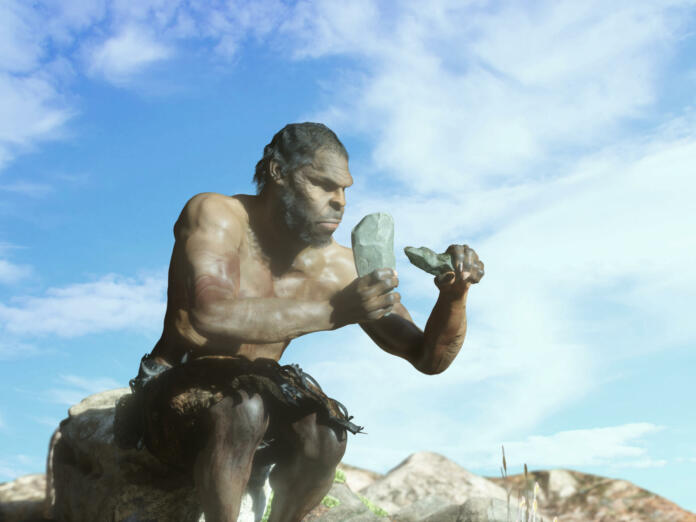 ancient primitive caveman with stone render 3d