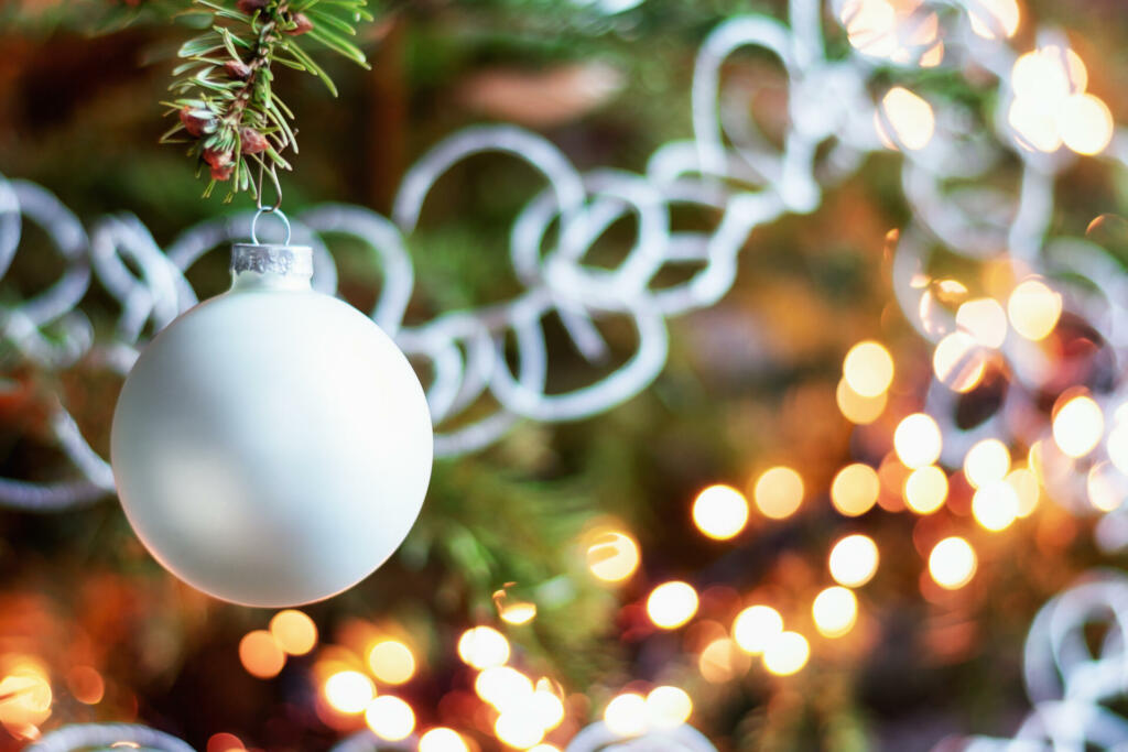 Christmas greeting in a Christmas branch decorated with a Christmas ball.