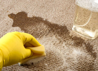 Umazana preproga? Tako jo hitro in naravno očistite House cleaning and scrubbing the floor concept with close up of a hand wearing yellow rubber gloves cleaning up a spilled cup of coffee on a carpet with a sponge and a bottle of carpet cleaner