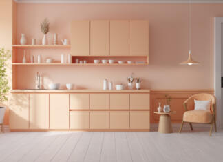 Barva, ki bo prevladovala v letu 2024 Peach fuzz room ,minimal luxury kitche room interior  ,peach color paint wall. color of the year 2024 , 3d render