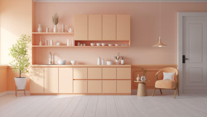 Peach fuzz room ,minimal luxury kitche room interior  ,peach color paint wall. color of the year 2024 , 3d render