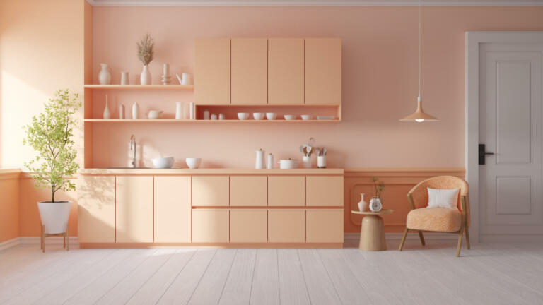 Peach fuzz room ,minimal luxury kitche room interior  ,peach color paint wall. color of the year 2024 , 3d render