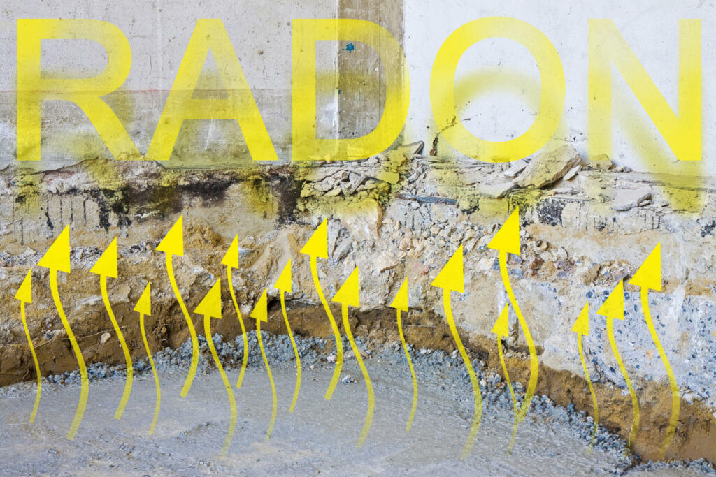 Dangerous natural gas radon escaping through a ventilated crawl space in an old brick building - concept image