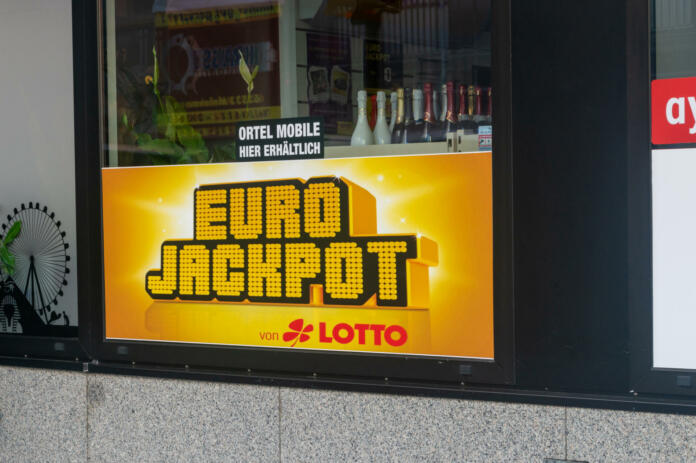 Hanau, Germany - June 25, 2023: Logo of EuroJackpot German Lotto kiosk.