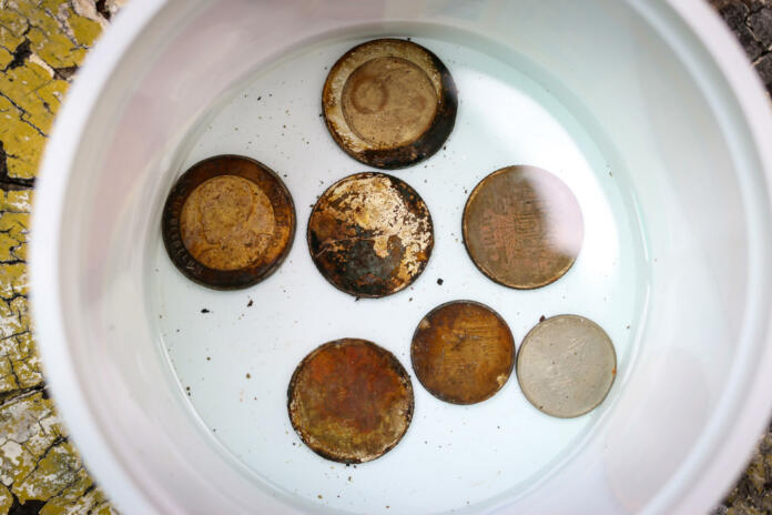 Rusty coins in vinegar and salt