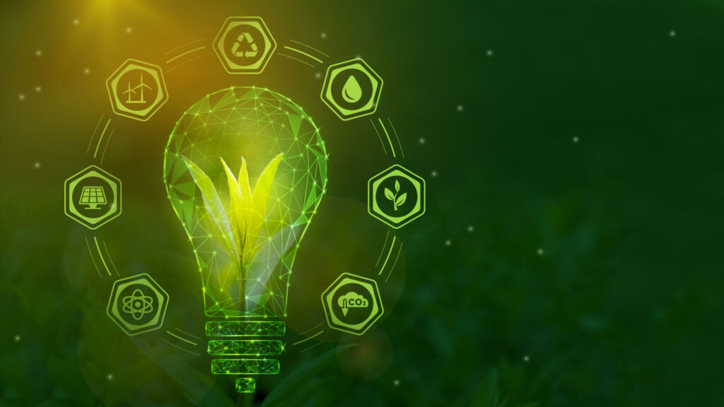 Net zero. Renewable energy sources, sustainable resources. A tree sprout in a symbolic light bulb surrounded by symbols of green energy. Low-poly frame design. Copy Space