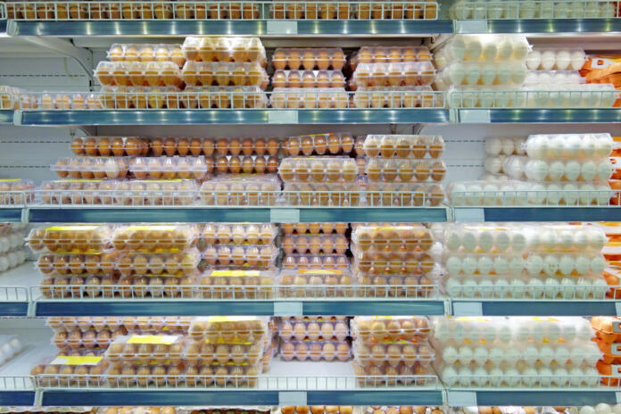 Packaging of chicken eggs on supermarket shelves cooled