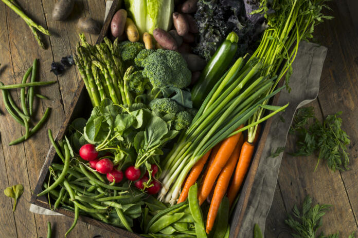 Raw Organic Spring Farmers Market Box with Asparagus Broccoli Kale Snow Peas and Green Onions