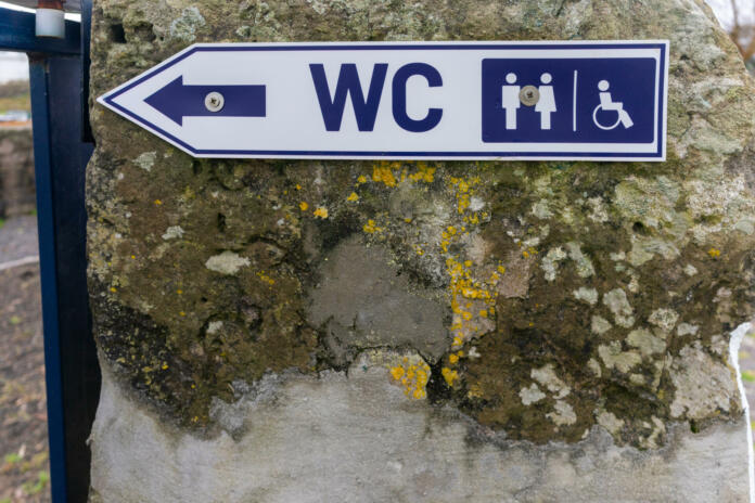 Accessible restroom sign depicting both standard and disabled WC symbols, ideal for inclusion .