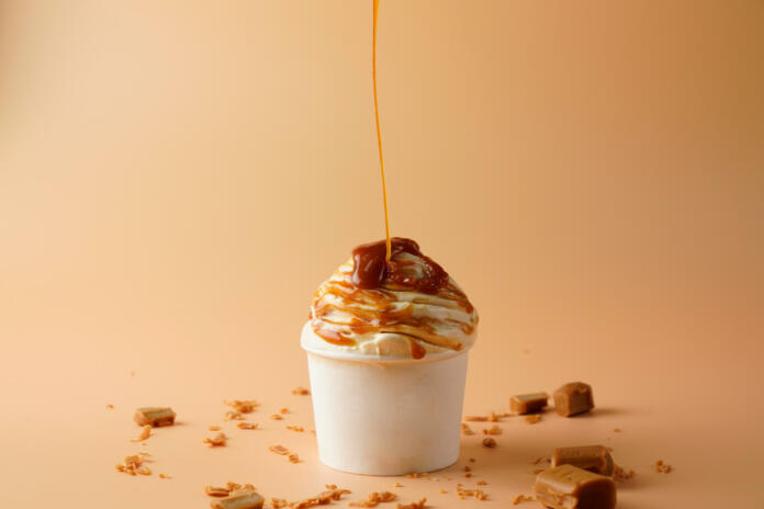 Product photoshoot of caramel gelato ice cream