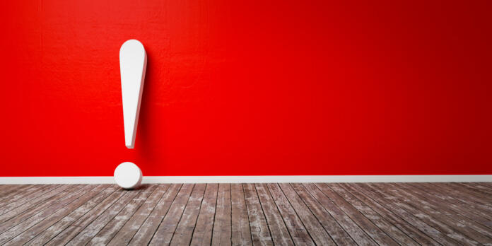 Red exclamation mark on wooden floor and concrete wall 3D Illustration Warning Concept