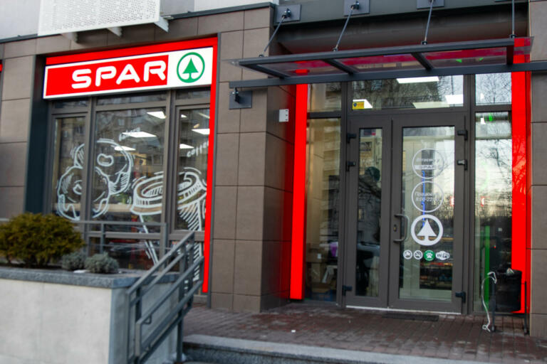 SPAR Grocery Supermarket entrance. Ukraine, Kyiv - January 20, 2024.
