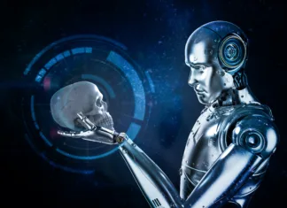 “Posmrtno življenje” s tehnologijo umetne inteligence postaja realnost 3d rendering cyborg starring at human skull
