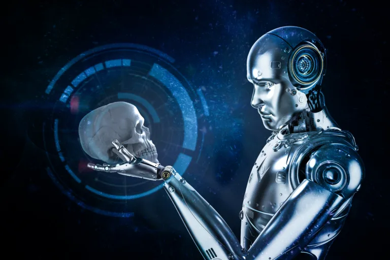 3d rendering cyborg starring at human skull