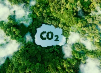 Kaj je trajnostna gradnja in trajnostno bivanje? Concept depicting the issue of carbon dioxide emissions and its impact on nature in the form of a pond in the shape of a co2 symbol located in a lush forest. 3d rendering.