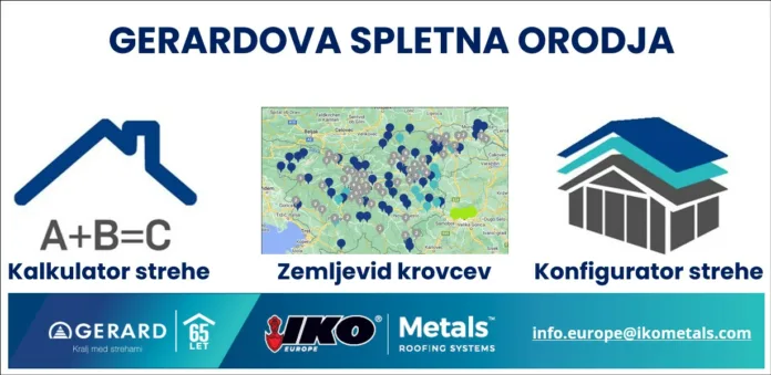 Gerardova spletna orodja: kalkulator strehe, zemljevid krovcev in konfigurator strehe