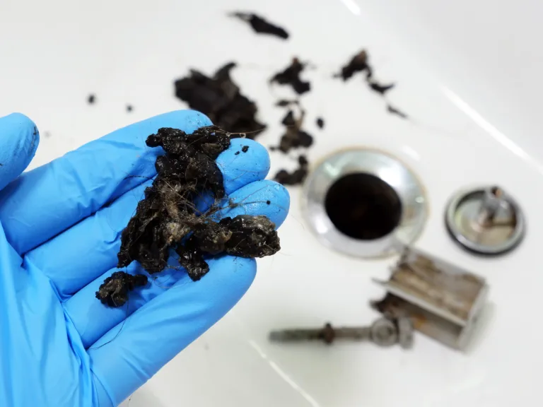 Plumber holding mass of hair and grime from clogged sink.