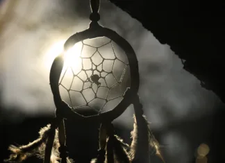 Lovilec sanj – naučite se sami izdelati indijanski amulet za dobre sanje A silhouette image of a dreamcatcher hanging on a tree branch at sunset.