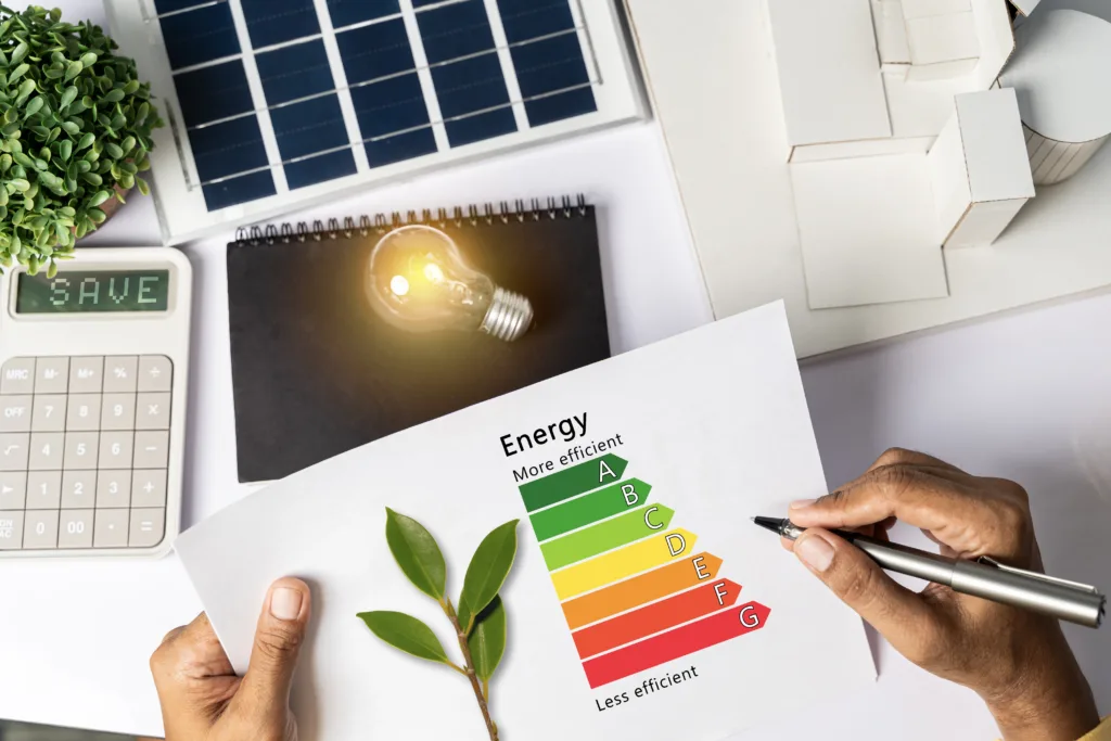 House Energy Audit. Energy efficiency concept with level chart Tabletop energy efficiency graph with house diagram calculator Solar panels. Businessman planning to use energy.