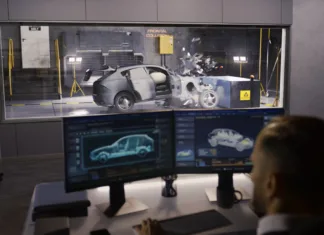 Najvarnejši avtomobili v Evropi leta 2024 An engineer in a crash test lab uses a car crash test system to simulate a traffic accident, to obtain the safety parameters of an eco-friendly cutting edge electric vehicle being developed.