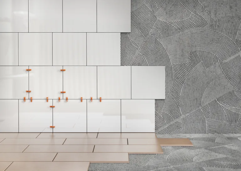Ceramic tiles on the wall and floor in the install process. 3d illustration