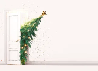 Cene božičnih jelk v letu 2024 Christmas tree enters the door. Christmas is here concept on white background with copy space. 3D Rendering, 3D Illustration
