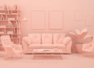 Nikoli ne uporabljajte te barve v hiši! Po psihologiji barv prinaša nesrečo in slabo razpoloženje, moti mir … Interior room in plain monochrome pinkish orange color with furnitures and room accessories. Light background with copy space. 3D rendering for web page, presentation or picture frame backgrounds.