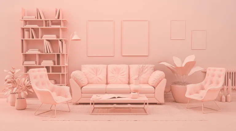 Interior room in plain monochrome pinkish orange color with furnitures and room accessories. Light background with copy space. 3D rendering for web page, presentation or picture frame backgrounds.