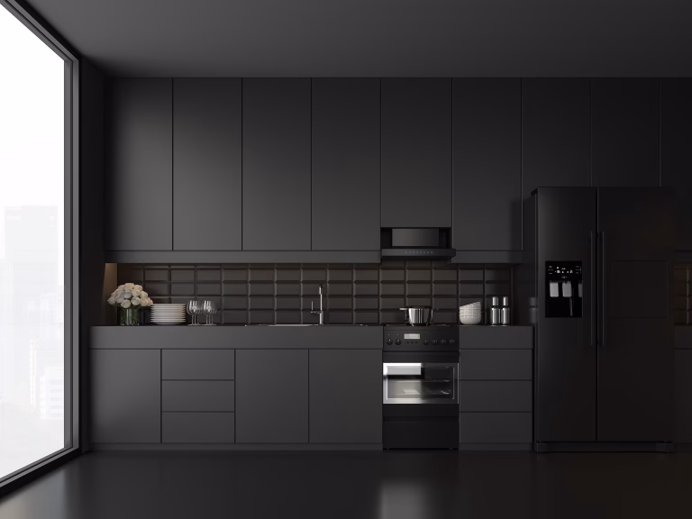 Minimal style black kitchen 3d render.There are white floor and wall, Glossy white cabinet doors,Black refrigerator and oven,The room has large windows. lookink out to the city view.
