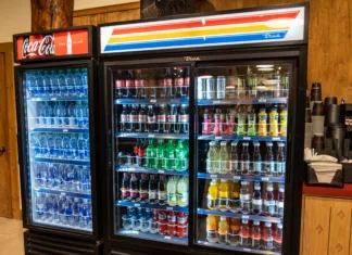 Z novim letom vas bo udarilo po denarnici! Sladke pijače, RTV-prispevek … Montana, USA - July 4, 2022: Cooler full of pop, soda, and bottled water at the Many Glacier Hotel in Glacier National Park